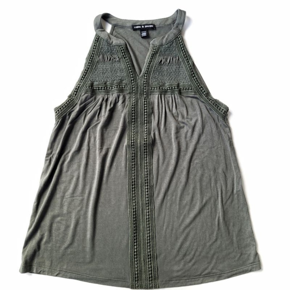 Cable & Gauge Small Crochet Yoke V Neck Tank Top Olive Green
